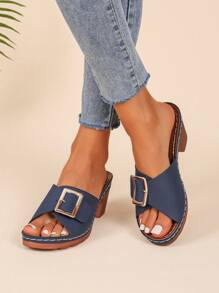 2025新款时尚金属扣设计露趾高跟凉鞋，蓝色粗跟性感防滑厚底凉鞋，女士高跟凉鞋，适合夏季日常穿着 - 藏蓝色 - 查看 7