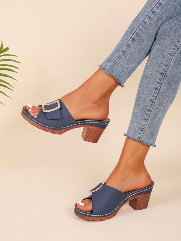 2025 Mule de Salto Alto com Fivela de Metal de Design da Moda, Sandália de Plataforma Sexy de Salto Grosso Azul Antiderrapante, Adequada para Uso Diário no Verão