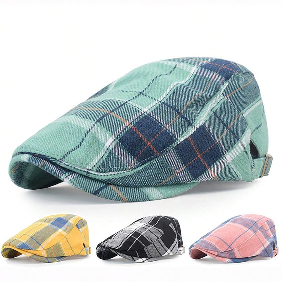 1pc Women's Beret Hat With Two-Tone Plaid Fabric, Lightweight Vintage Style Casual Versatile, Suitable For Daily Wear