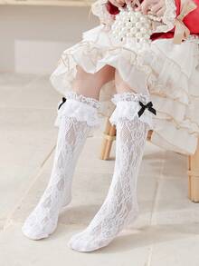 1 đôi Của Trân châu Công chúa Hoa Xu hướng: Cắt giảm Trên đầu gối Vớ Với Trang trí Bướm Đối với Mặc hàng ngày Hoặc Lễ cưới Mùa - trắng - Xem 3