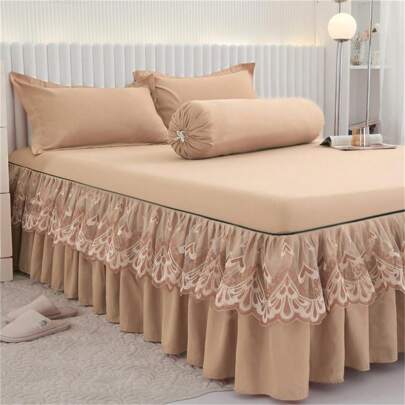 3pcs Bed Skirt Set (1 Bed Skirt + 2 Pillowcases, No Pillow Core) Solid Color Non-Slip Bedspread For Bedroom And Guest Room, Machine Washable