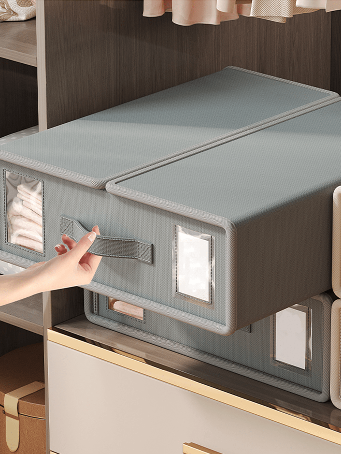 1pc Grey Bedding Storage Box With Window, Foldable Wall Closet