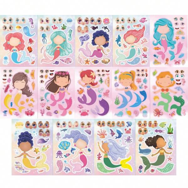 14/28 Sheets  Make A Face Stickers, 14 Different Cartoon Mermaid Designs Stickers Birthday Party Favor Supplies Craft