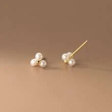 1pair Simple S925 Sterling Silver Design Three Faux Pearls Stud Earrings Suitable For Women Daily Wear Wedding Bridal Jewelry
