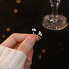 1pair Simple S925 Sterling Silver Design Three Faux Pearls Stud Earrings Suitable For Women Daily Wear Wedding Bridal Jewelry