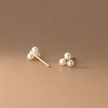 1pair Simple S925 Sterling Silver Design Three Faux Pearls Stud Earrings Suitable For Women Daily Wear Wedding Bridal Jewelry