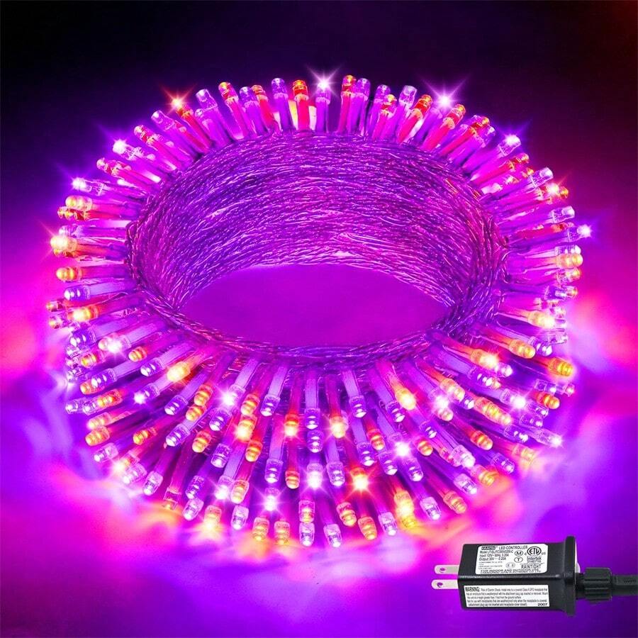 JMEXSUSS 33 FT 100 LED Halloween String Lights Indoor, Orange And Purple Halloween Lights Clear Wire, 8 Modes Outdoor Waterproof Christmas String Lights Plug In For Halloween Decorations Christmas - 橙色和紫色 - 查看 1