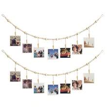 1set Wooden Beaded Photo Display Hanging With Tassel String, Clothespins, Home Decoration - Beige - View 3