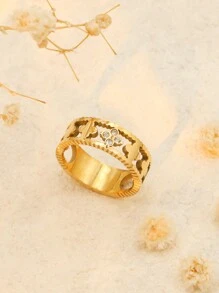 1 Anel de Aço Inoxidável Premium com Largura de 6mm, Acessórios para Mulheres, Trevo de Quatro Folhas Vazado, Joias de Casamento, Dia dos Namorados