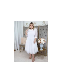Vestido De Casamento Civil Branco Godê Tule Plus Size Moda  Evangélica  Casual