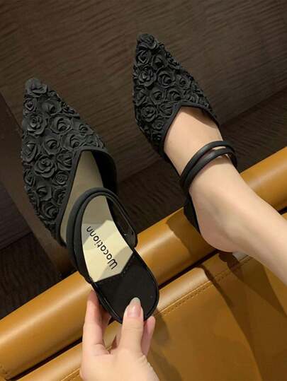 女士高跟鞋,休閒玫瑰設計半防滑扁平尖頭時尚黑色優雅風格防水春夏厚跟女士涼鞋