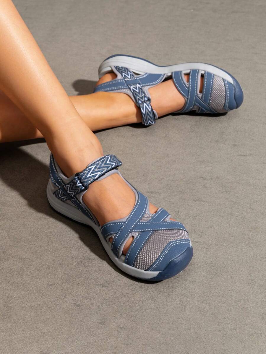 Women Summer Sport Athletic Sandals, Soft Bottom Beach Sandals With Hook-And-Loop, Sporty Outdoor Hiking Sandals - 霧霾藍 - 查看 1