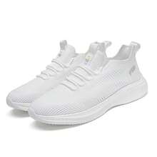 男性春秋透氣舒適運動休閒鞋，網面鞋面，防滑柔軟底部，休閒稱腳鞋，內含襪子，網布鞋款 - 白色 - 查看 1