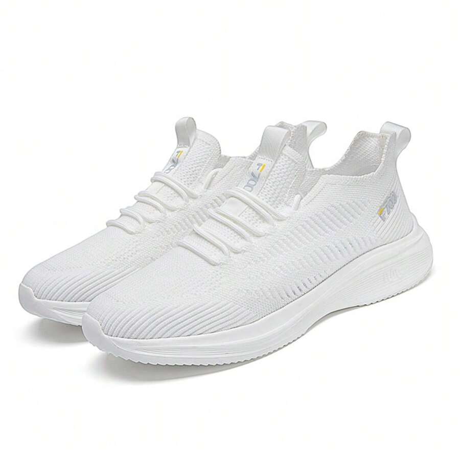 男性春秋透氣舒適運動休閒鞋，網面鞋面，防滑柔軟底部，休閒稱腳鞋，內含襪子，網布鞋款 - 白色 - 查看 1