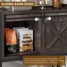 Bakers Rack With Power Outlet And LED Light, Microwave Stand Cabinet Organizer With Sliding Barn Door, Farmhouse Kitchen Tall Coffee Bar Table With 8 Hooks - 質樸的橡木 - 查看 6