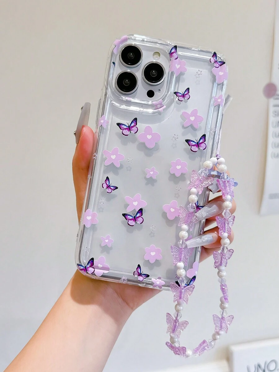 Fairycore Ins 风格紫色花朵和蝴蝶气囊防摔手机壳配蝴蝶带适用于 Apple Iphone 14pro Max/13/15/12/12pro/11/Xs/13pro Max/透明/星星 - 無色 - 查看 1