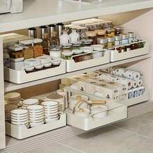 1pc Metal Pull-Out Sink Organizer Drawer, Slide-Out Storage Cabinet Rack For Bottles And Spices, Space Saving Shelf Holds Up To 100kg - White - View 2