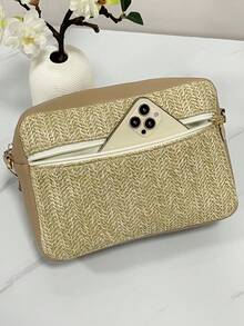 草編包,女性的夏日潮流,海灘度假,編織包,多用途,寬帶,斜挎小方包 - 杏色 - 查看 2