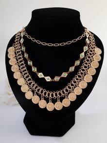 1條3層波西米亞風格串珠亞克力多層項鍊,復古幾何圓形吊墜,金屬鏈鎖鎖骨項鍊,適用於度假、休閒、日常穿著 - 多層項鍊 - 查看 5