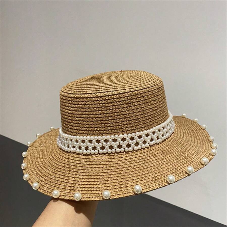 夏季女士遮陽帽沙灘草帽寬邊設計,復古珍珠裝飾時尚度假帽 - 卡其色 - 查看 1