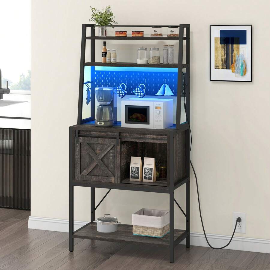 Bakers Rack With Power Outlet And LED Light, Microwave Stand Cabinet Organizer With Sliding Barn Door, Farmhouse Kitchen Tall Coffee Bar Table With 8 Hooks - 質樸的橡木 - 查看 1