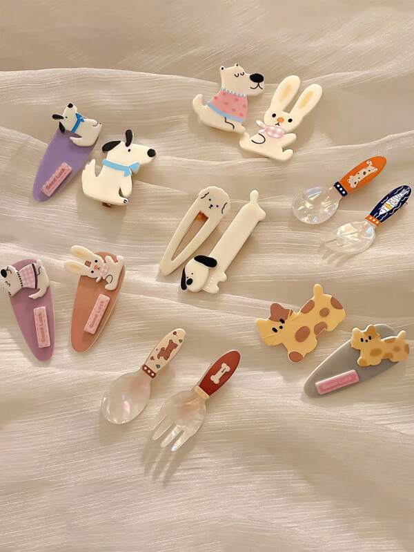 2pcs/Set Women's Multicolor Cartoon Cat & Dog Shaped Sweet Hair Clip, Suitable For Daily Wear Claw Clips Hair Claws Hair Barrettes