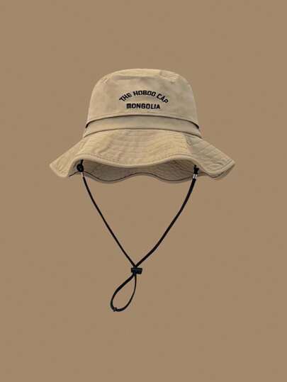 1pc Embroidered Letter Wide Brim Sun Hat, Bucket Hat, Outdoor Travel Bucket Hat For Any SeasonMen's Sun Hat Summer Hat, Suitable For Summer Outdoor Activities Such As Hiking And Fishing