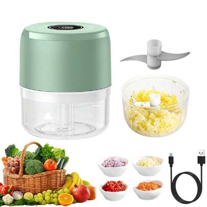 Picadora de ajos eléctrica portátil 100ml, impermeable, amoladora con USB para verduras, procesador de alimentos para cebollas, chili, verduras, carne, Verde, Azul
