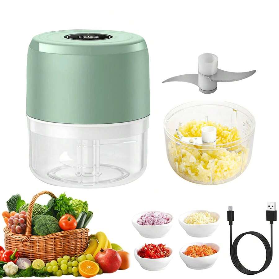 Picadora de ajos eléctrica portátil 100ml, impermeable, amoladora con USB para verduras, procesador de alimentos para cebollas, chili, verduras, carne, Verde, Azul - Verde - Ver 1