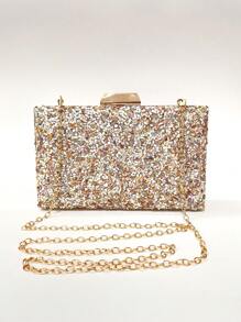 迷你闪亮白色迷彩手拿包晚宴迷人，盒状手拿包水钻细节链条肩带完美新娘婚礼、派对和舞会优雅女士迷你简约色块晚宴包Tready 新娘包，完美派对、婚礼、舞会、晚宴/宴会，搭配婚纱、礼服、舞会礼服、生日礼服、派对礼服 - 米色 - 查看 1