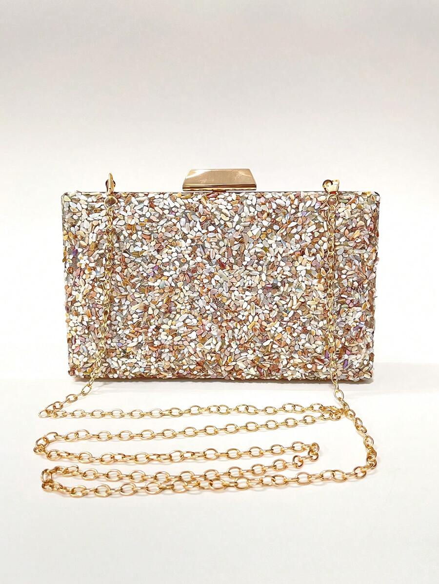 迷你闪亮白色迷彩手拿包晚宴迷人，盒状手拿包水钻细节链条肩带完美新娘婚礼、派对和舞会优雅女士迷你简约色块晚宴包Tready 新娘包，完美派对、婚礼、舞会、晚宴/宴会，搭配婚纱、礼服、舞会礼服、生日礼服、派对礼服 - 米色 - 查看 1