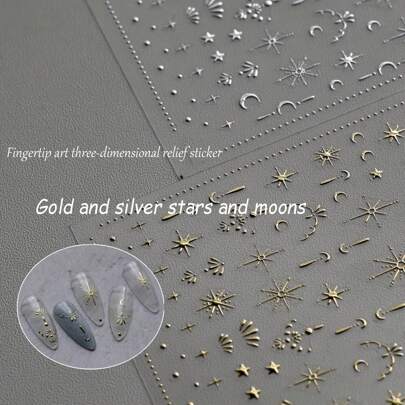 5D Embossed Moon Star Nail Art Stickers - Self-Adhesive Nail Art Decals For Stunning Nail Art Decoration DIY Nails Nail Supplies