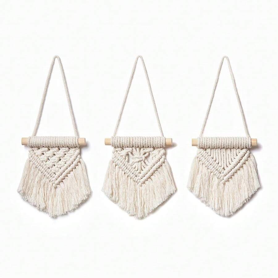 Mini Macrame Wall Hanging Set Of 3pcs Cute Boho Tree Decoration Car Ornaments Woven Art Decor For Nursery Bathroom Bedroom Living Room Dorm,Home Decor ,Room Decor,Wall Decor Gifts Birthday Graduation