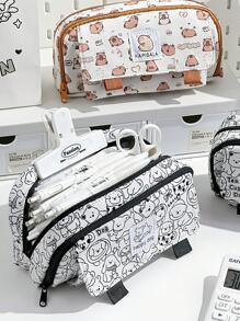 可愛卡通鉛筆盒筆袋開心的狗和卡比獸儲物袋,適用於文具學校 - 咖啡棕 - 查看 10