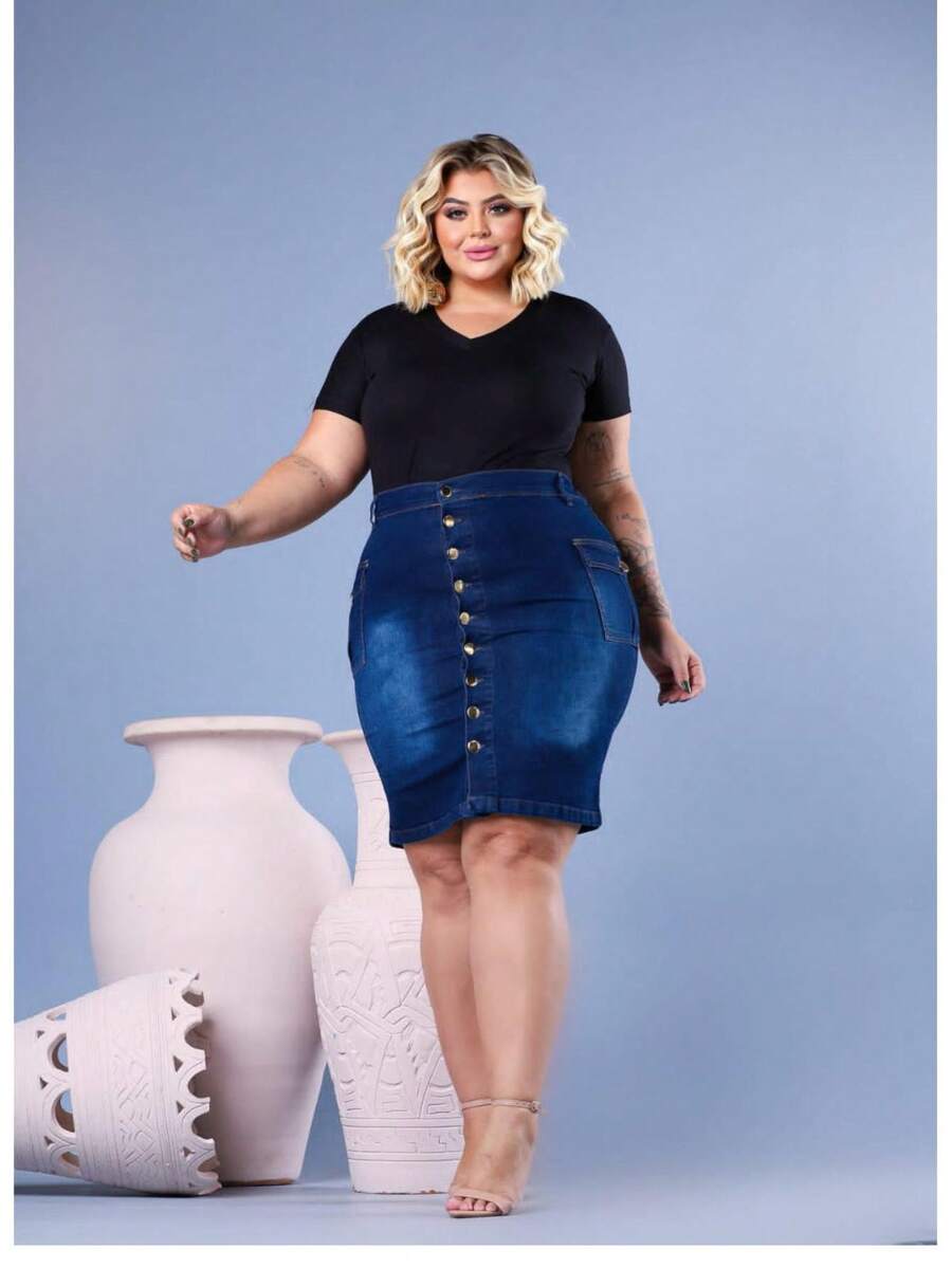 Plus Size Denim Skirts - 淺色水洗藍 - 查看 1