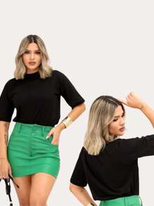Kit Camiseta Básica Feminina Com 3 Tshirt Dia a Dia Moda Blogueira Virginina CeA Manga Oversized Zaraa em Algodão Premium Dia dos Namorados - Verde Menta - Visão 2