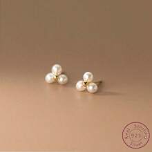 1pair Simple S925 Sterling Silver Design Three Faux Pearls Stud Earrings Suitable For Women Daily Wear Wedding Bridal Jewelry