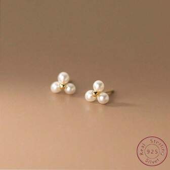 1pair Simple S925 Sterling Silver Design Three Faux Pearls Stud Earrings Suitable For Women Daily Wear Wedding Bridal Jewelry