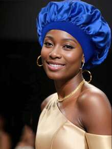 1pc Women's Satin Solid Color Sleep Cap Night Sleeping Hat Hair Care Cap Unisex Cap Back To School - Royal Blue - View 2