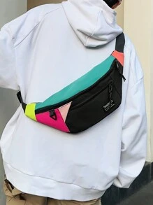 休闲防水大容量腰包，字母印花撞色斜挎包，适合购物、运动、度假、健身、骑行、上学、夏季户外活动、感恩节等场合，可作收纳包、邮差包、单肩包、骑行包、学生包、多功能便携时尚休闲包，男士圣诞礼物之选。 - 彩色 - 查看 1
