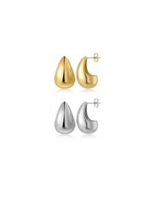 2pairs New Design Tear Drop Shaped Small Size Gold & Silver Color Earrings Set For Women, Suitable For Party, Gift