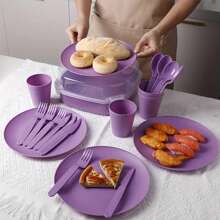 21 piezas Juego de vajilla de picnic, incluye cuchillos, tenedores, cucharas, vasos, platos, caja de almacenamiento de cubiertos, vajilla transparente multifuncional, para picnic, campamento, viaje en autocaravana, servicio de cubiertos portátil para 4 personas, de vuelta a la escuela - Verde - Ver 3