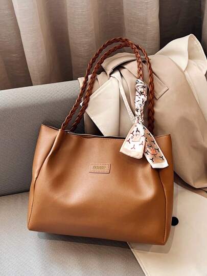 Bolso de mujer de unicolor versátil, bolso de hombro de gran capacidad con decoración de bufanda Malist de piel de PU, bolso de mano grande y ligero de gran capacidad para uso diario en la oficina, bolso cuadrado de moda impermeable, regalo del Día de la Madre, mochila, gran capacidad, portátil, casual de negocios, adecuado para adolescentes, mujeres, estudiantes universitarios, oficinistas, perfecto para volver a la escuela, universidad, escuela secundaria, trabajo, negocios, ir y venir