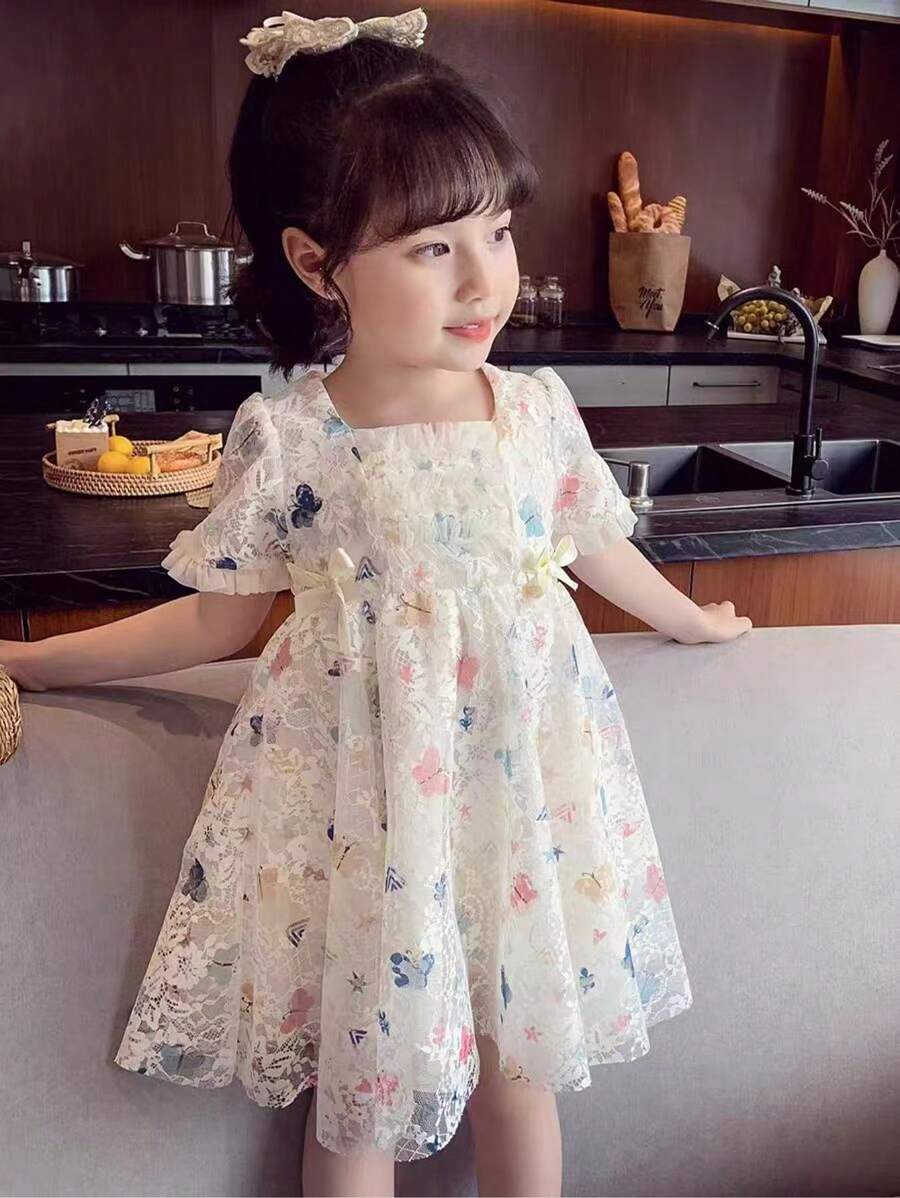 少女新款夏季時尚蝴蝶結蕾絲連衣裙 - 白色 - 查看 1