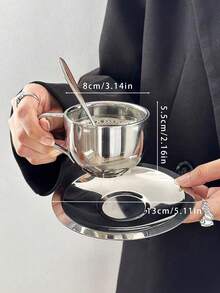 Set de ceai de cafea din oțel inoxidabil cu design de nișă, 1 bucată, ceai de după-amiază, set de căni de cafea și farfurii, retro și rafinat - Argint - Vizualizare 2