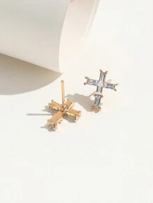 1 Par De Aretes De Botón De Diseño De Nicho En Forma De Cruz Con Decoración De Pedrería - Dorado - Ver 4