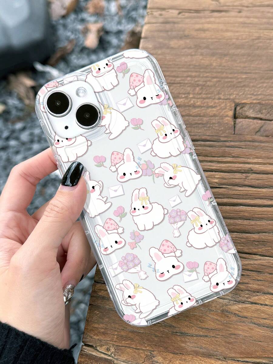 1 Pieza Funda De Teléfono Blando Con Estampado De Flores Y Conejos Pintados Con Colores Compatibles Con Iphone - Multicolor - Ver 1