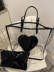 2pcs/Set Heart Decor Transparent Large Capacity Beach Bag, Bright Jelly Waterproof Swimwear Bag, Toiletry Bag, Tote Bag, Suitable For Daily Casual Travel Vacation Use