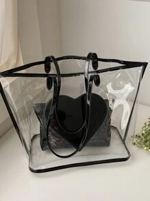 2pcs/Set Heart Decor Transparent Large Capacity Beach Bag, Bright Jelly Waterproof Swimwear Bag, Toiletry Bag, Tote Bag, Suitable For Daily Casual Travel Vacation Use