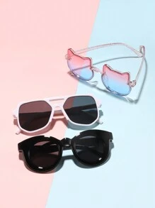 3 PCS Cute Cat Ears And Round Frame For Kids 4-10 Years Old, Double Beam Aviator Fashion Glasses For Daily Outings And Wear For Outings - Multicolor - View 3